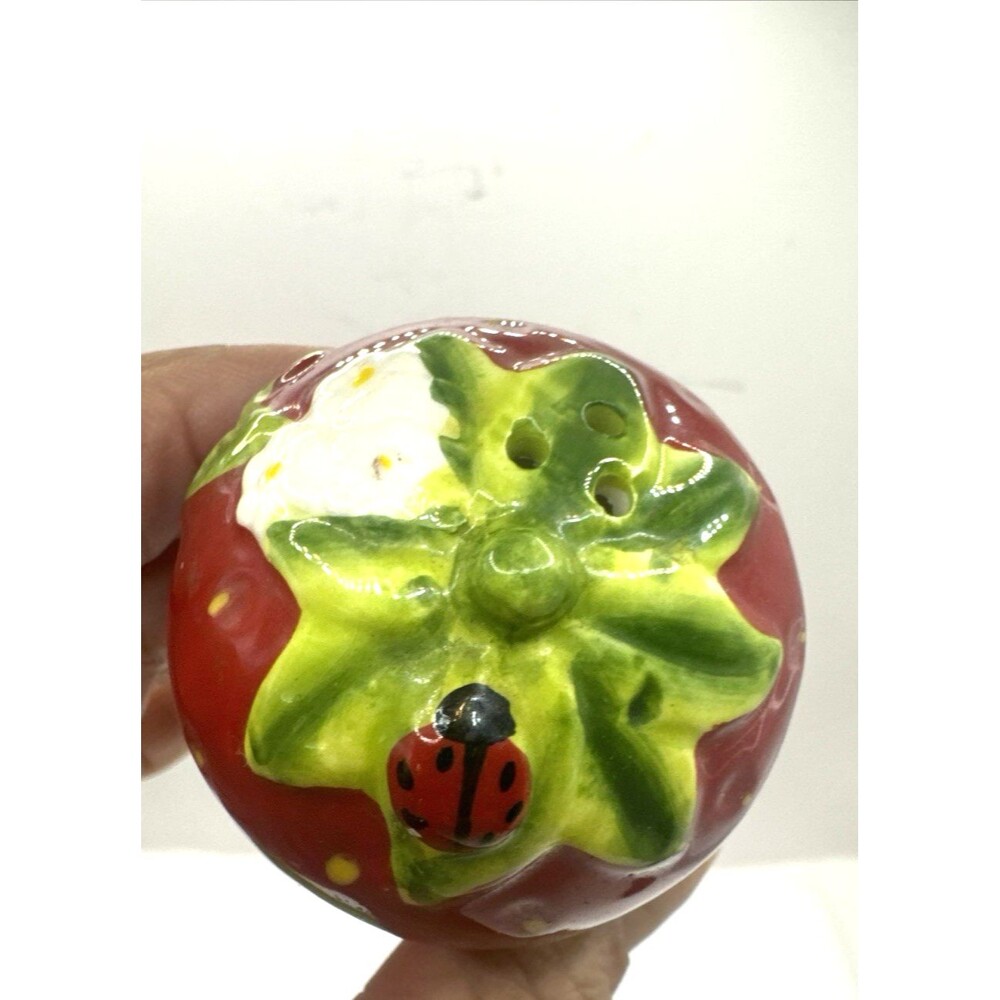 Strawberry shaped Ceramic salt & pepper Shaker with leaf shaped Tray Ladybug - Picture 6 of 13